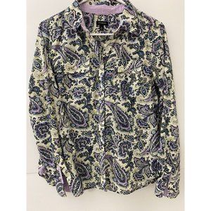 Talbots Womens Long Sleeve Button Up Purple Green Blue and Ivory Shirt Size 10